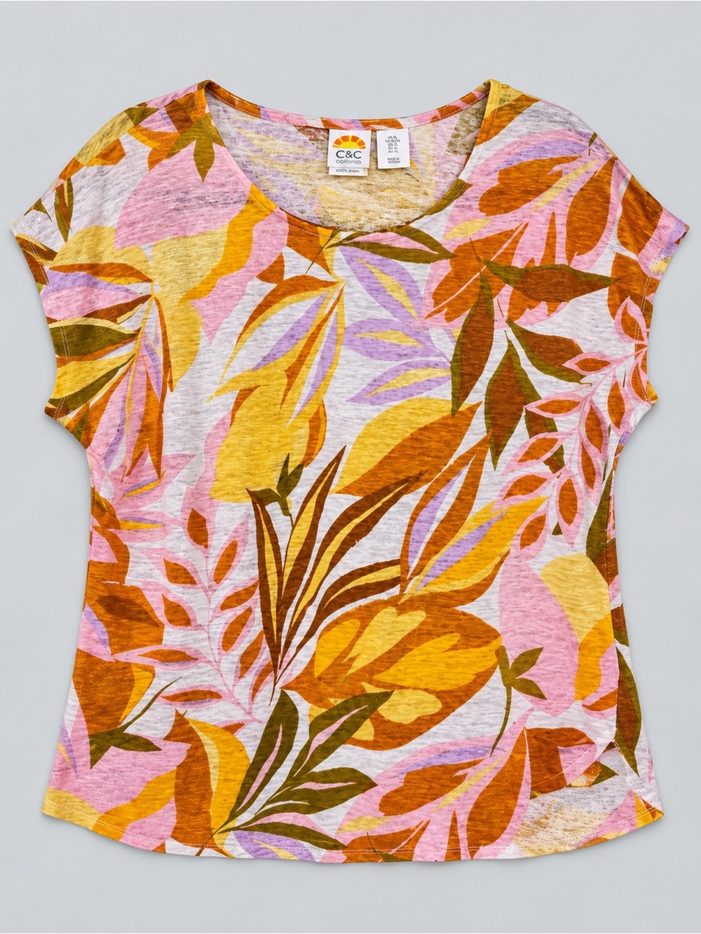 C&C California 100% Linen Botanical Print Scoop Neck Top XL